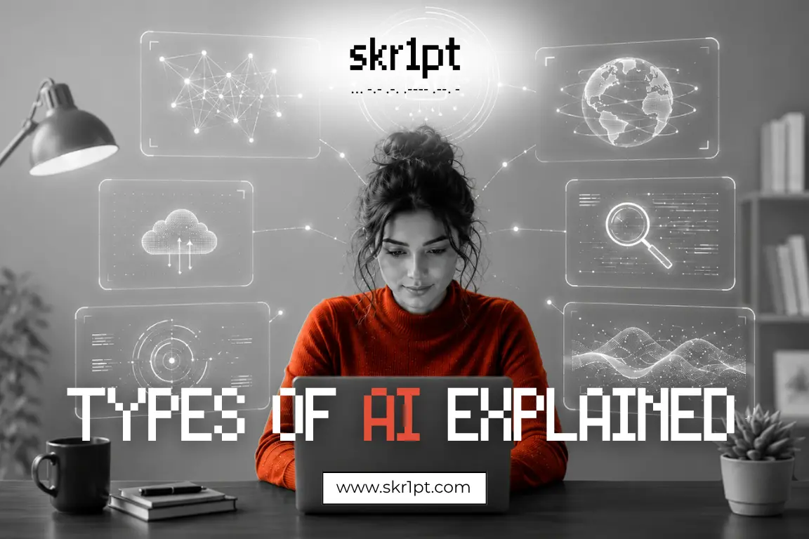 Visual diagram showing the different types of AI — reactive, limited memory, generative AI, AI agents — explained with icons and labels