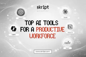 Visual comparison of top AI tools for workforce productivity including ChatGPT, Microsoft Copilot, Claude, Notion AI, and Grammarly with productivity icons