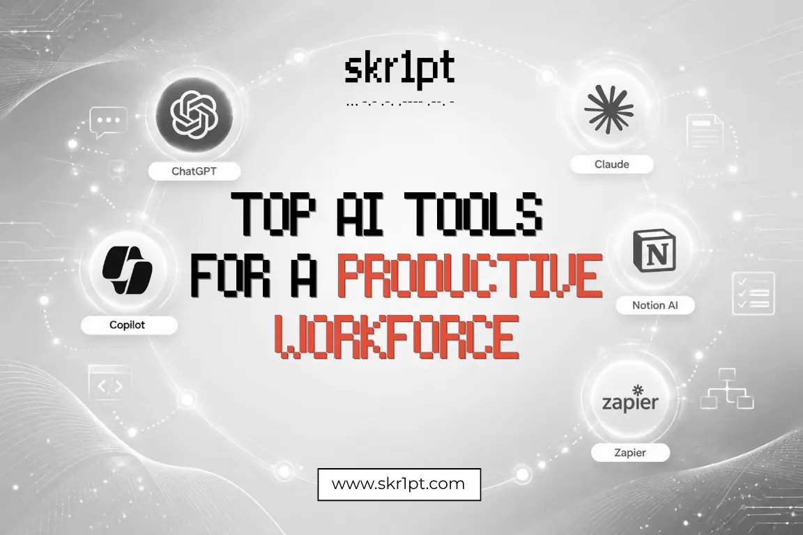 Visual comparison of top AI tools for workforce productivity including ChatGPT, Microsoft Copilot, Claude, Notion AI, and Grammarly with productivity icons