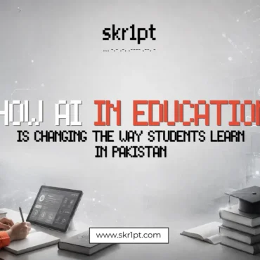 Students in a Pakistani classroom using AI-powered learning tools on tablets, with a teacher guiding structured AI-assisted learning.