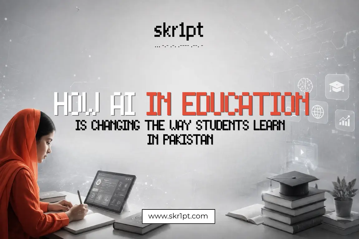 Students in a Pakistani classroom using AI-powered learning tools on tablets, with a teacher guiding structured AI-assisted learning.