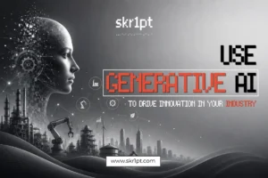 Illustration of generative AI applications across industries — healthcare, finance, education, and marketing — with interconnected AI model icons