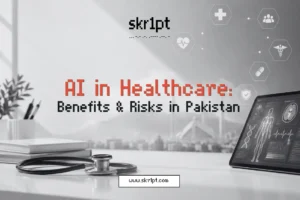 Illustration of AI in healthcare settings — medical imaging analysis, electronic health records, etc.