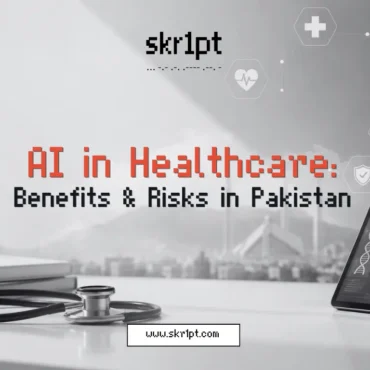 Illustration of AI in healthcare settings — medical imaging analysis, electronic health records, etc.